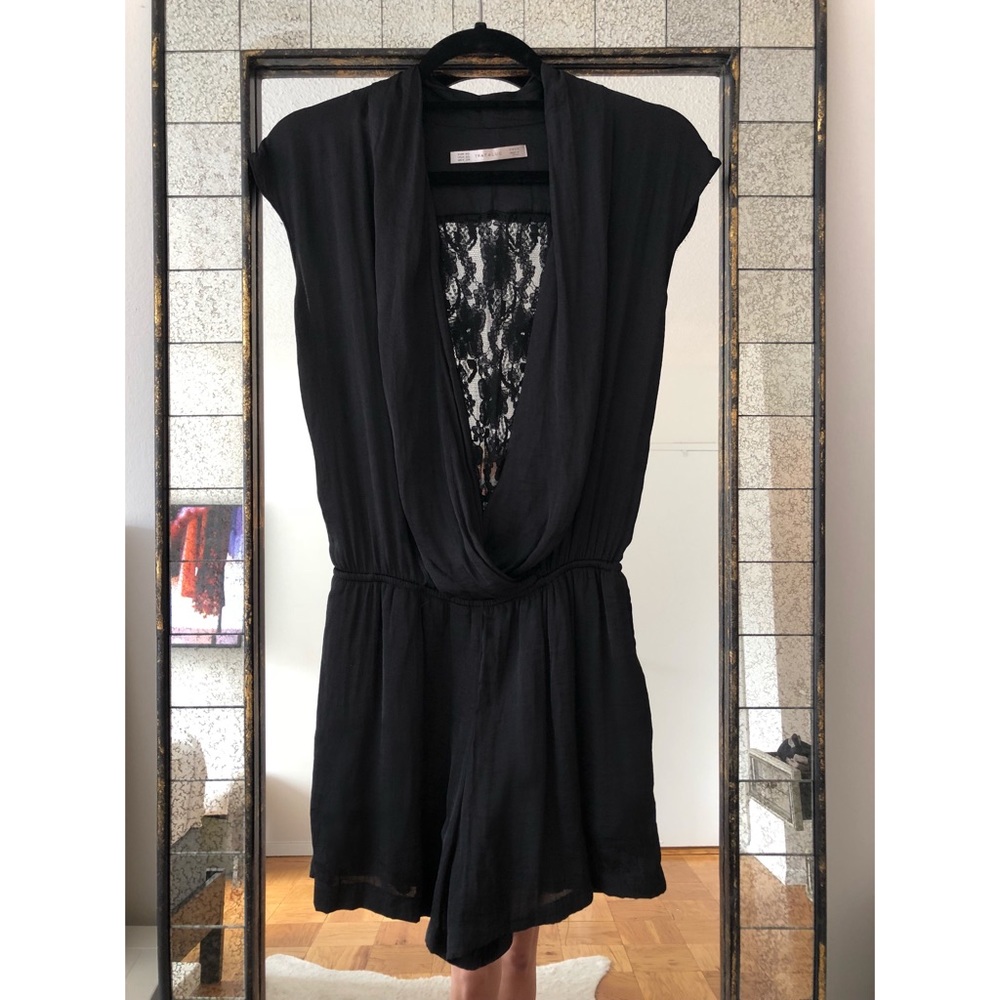 Zara Lace Back Plunging Crepe Romper in Black